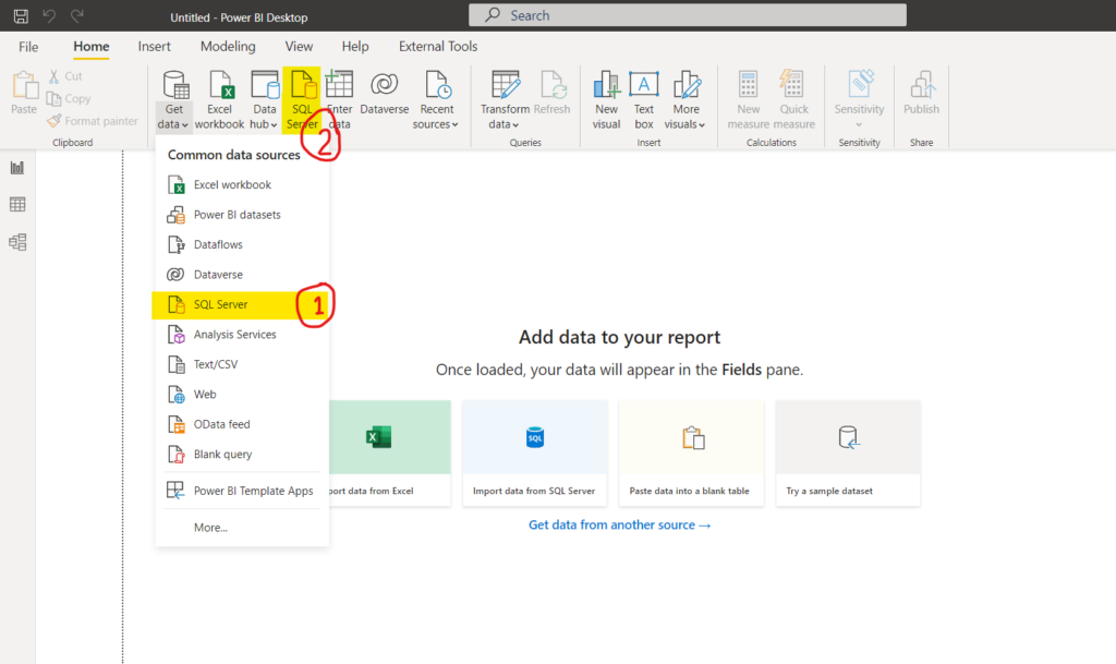 Image showing the steps of how to import data from SQL Server into Power BI