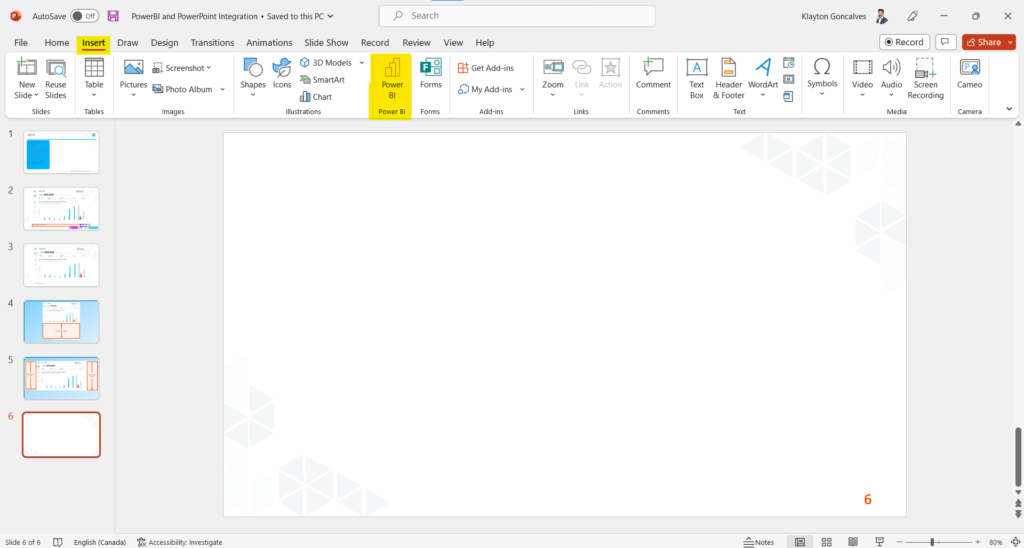 Insert Power BI add-in in PowerPoint
