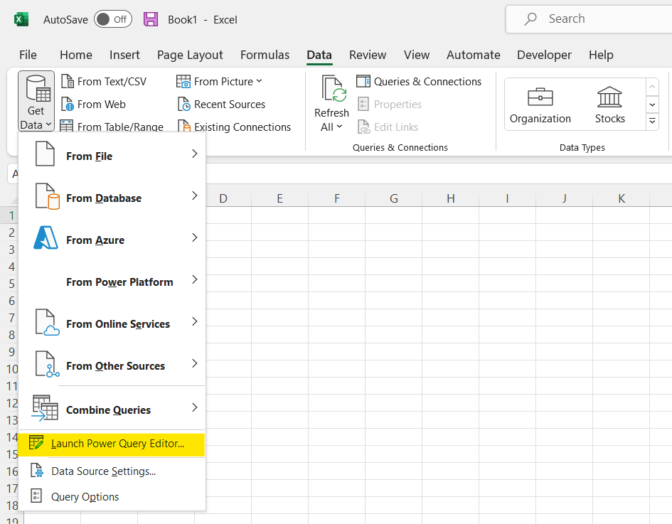 Launch power query from excel