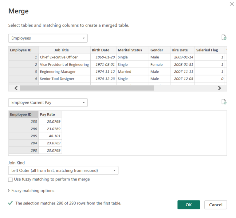 Merge dialog box when merging queries in Power Query