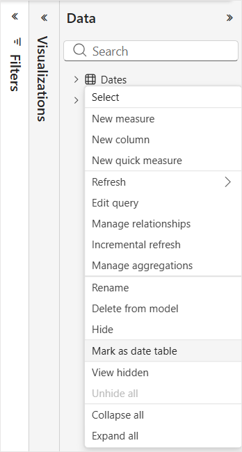 How to mark a dates table in Power BI
