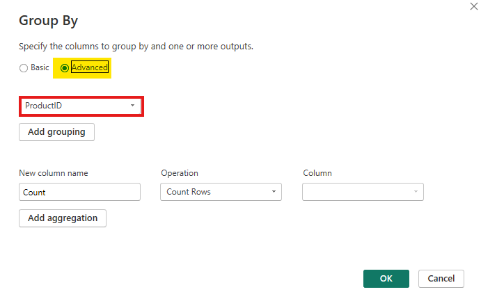 The Group By dialog box in Power Query with Advanced settings toggled to group data by ProductID.
