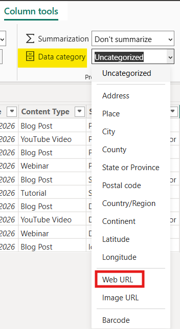 Power BI Data category dropdown menu with the Web URL option highlighted in red.
