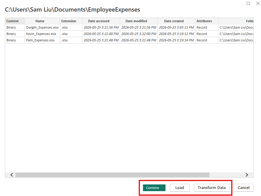 Power BI data preview window highlighting the Combine, Load, and Transform Data buttons at the bottom.