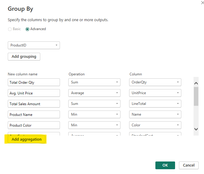 Advanced Group By window in Power Query showing multiple data aggregations being added for OrderQty, UnitPrice, and LineTotal.