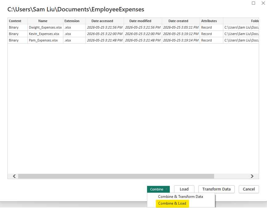 Power BI Combine dropdown menu with the Combine and Load option selected.