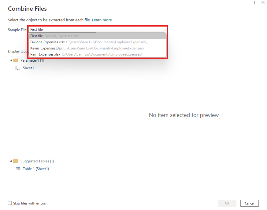 Power Query Combine Files dialog box with the Sample File dropdown menu expanded.