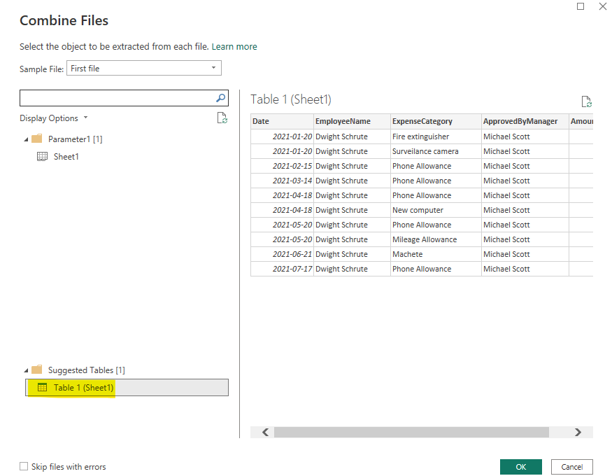 Power Query Combine Files preview window with Table 1 selected to extract data from Excel sheets.