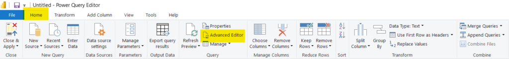 Power Query Editor interface with the Home tab and Advanced Editor option highlighted in yellow.