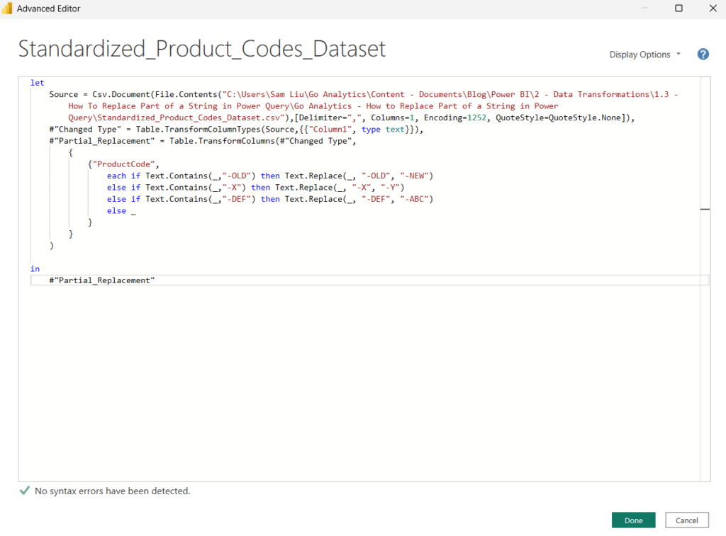 Power Query Advanced Editor window showing M code for string replacement with no syntax errors detected.