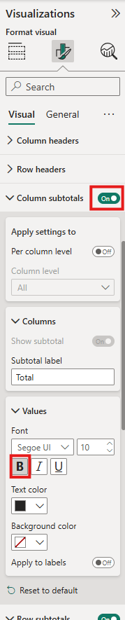 Power BI Format Visual pane displaying configurations for column subtotals and text values styling.