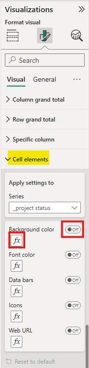 Power BI Cell elements configuration menu highlighting the background color conditional formatting fx button for project status series.