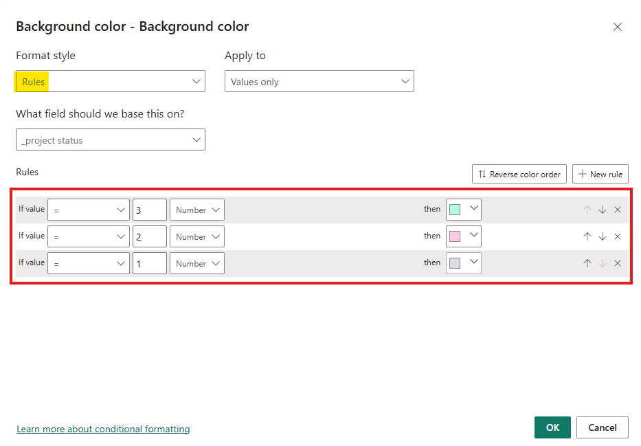 Power BI background color conditional formatting settings dialog setting rules for project status values 1, 2, and 3.