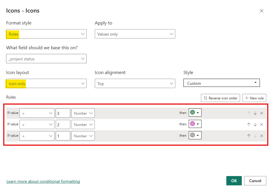 Power BI conditional formatting icons dialog window setting status icon rules based on numeric values.
