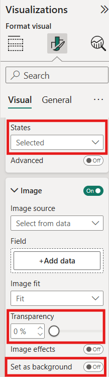 Power BI Image settings for state Selected with Transparency set to 0 percent and Set as background disabled