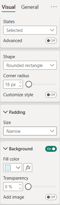 Power BI formatting options showing visual shape set to Rounded rectangle with 18px corner radius and a light blue background fill for Selected state