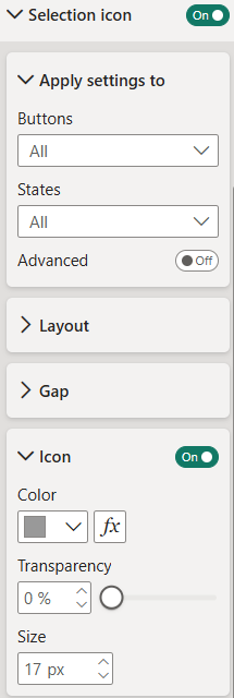 Power BI Selection icon formatting pane with icon size set to 17px and gray fill color