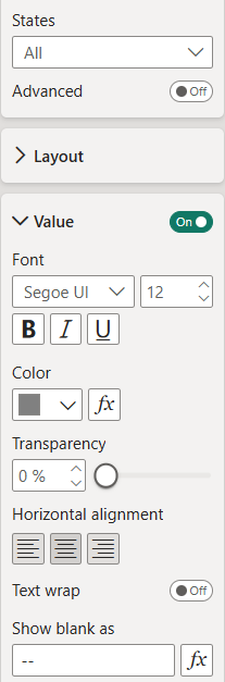 Power BI Value formatting pane for All states showing Segoe UI font size 12 with bold styling enabled
