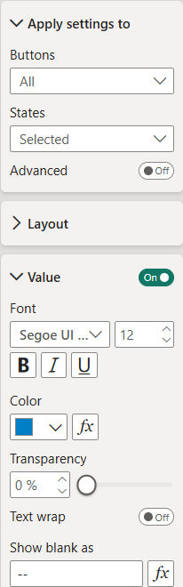 Power BI Value settings for Selected state showing font color changed to blue