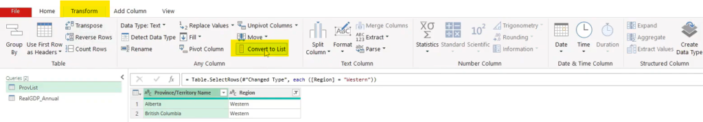 Selecting Convert to List option under the Transform tab in Power Query