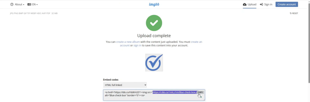ImgBB website interface displaying an uploaded blue checkmark icon with generated HTML embed codes