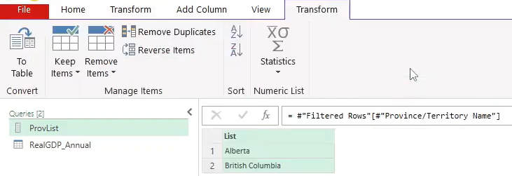 Power Query table converted into a list showing Alberta and British Columbia