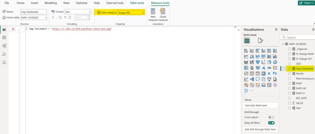 Power BI Desktop interface creating a DAX measure for an image URL checkmark categorized as Image URL