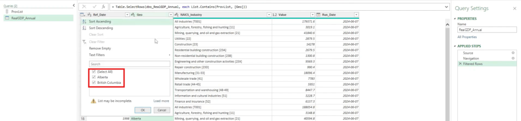 Power Query filter dropdown showing selected Western region values Alberta and British Columbia