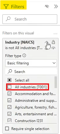 Filtering out 'All industries' in the Power BI Filters pane for a waterfall chart