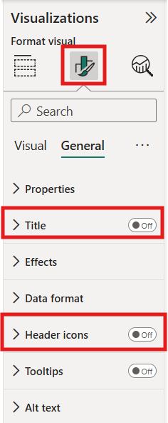Power BI Visualizations pane showing General settings with Title and Header icons toggled off