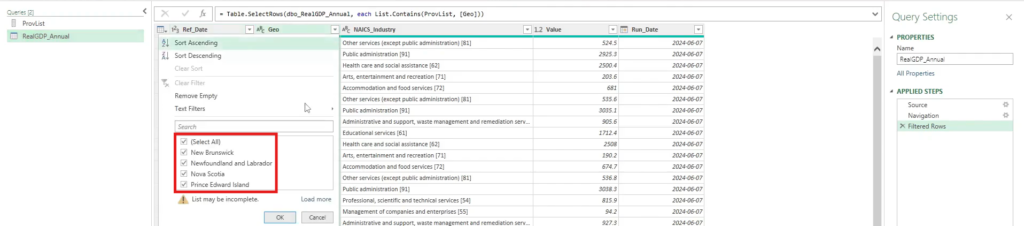 Power Query filter dropdown dynamically updated to display Atlantic region values