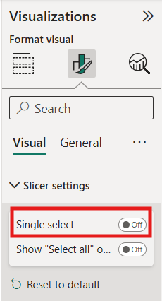 Power BI Slicer settings pane with Single select and Show Select All toggled off