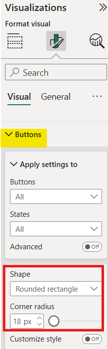 Power BI Buttons settings pane showing Shape set to Rounded rectangle with 18px corner radius