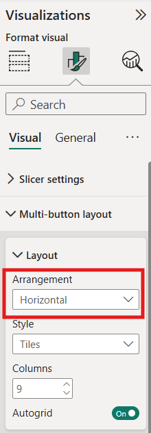 Power BI Multi-button layout settings with Arrangement set to Horizontal