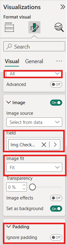 Power BI Visual image settings pane selecting data field Img Checkmark with Image fit set to Fit