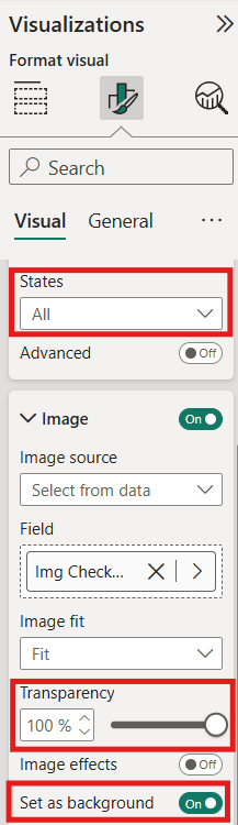 Power BI Image settings for state All with Transparency set to 100 percent and Set as background enabled