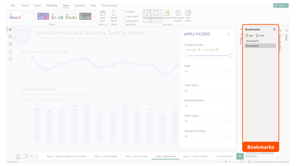 Image of Power BI desktop highlighting the bookmarks pane