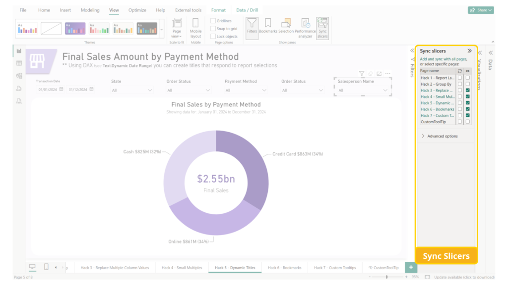 Image of Power BI desktop highlighting the sync slicers pane