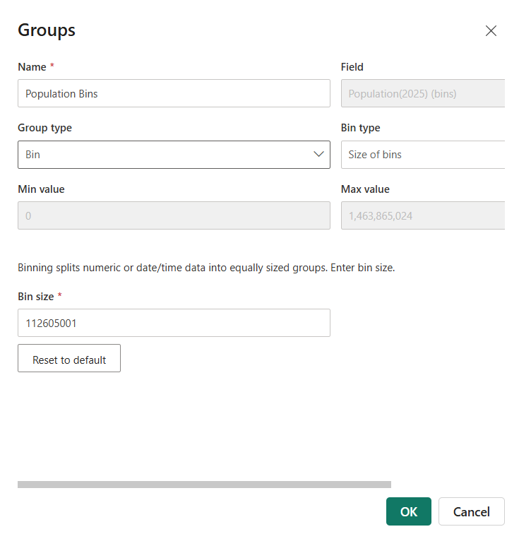 Dialogue box showing options for creating a new group in Power BI