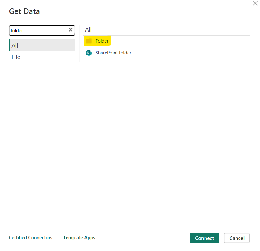 Power BI Get Data window showing the Folder data source connector selected.