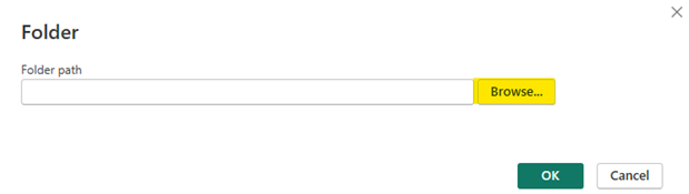The Folder path dialog box in Power BI with the Browse button highlighted to select a local folder.